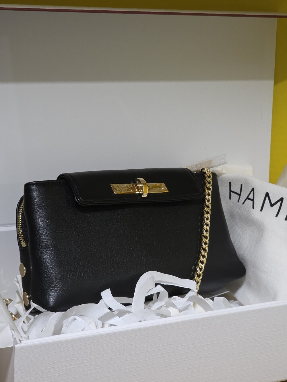 Hammitt Black Leather Clutch with Gold Chain Crossbody
